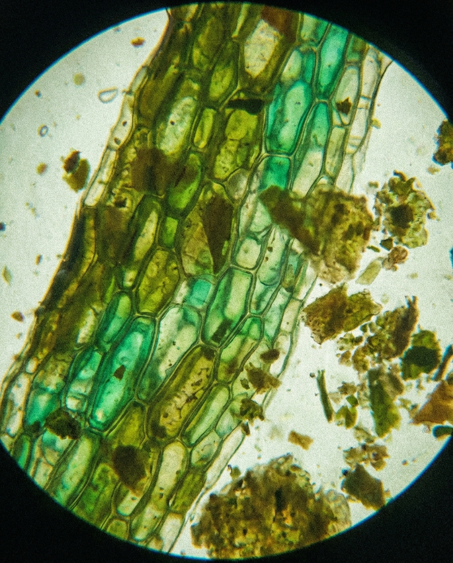 Microscope view of green tea leaf cell structure showing L-Theanine rich plant cells