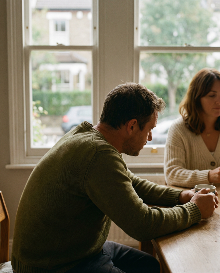 Man sitting at a table looking down, deep in thought