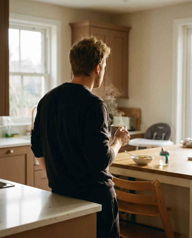 Dad standing in kitchen looking out the window
