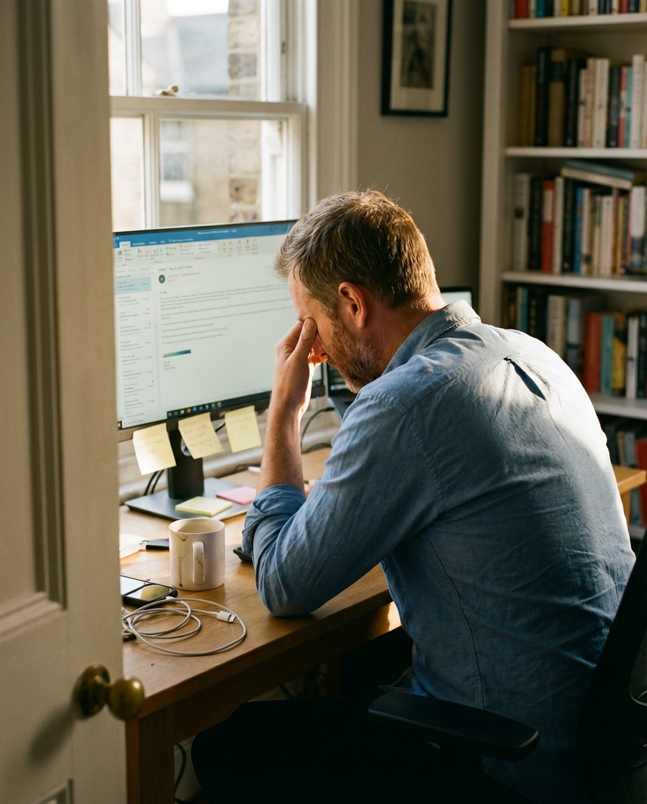 Man at desk with head in hands, exhausted