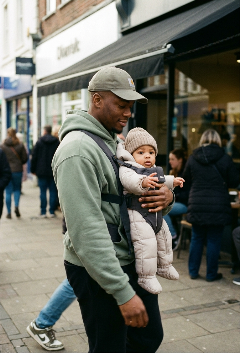 Dad carrying baby while walking through town