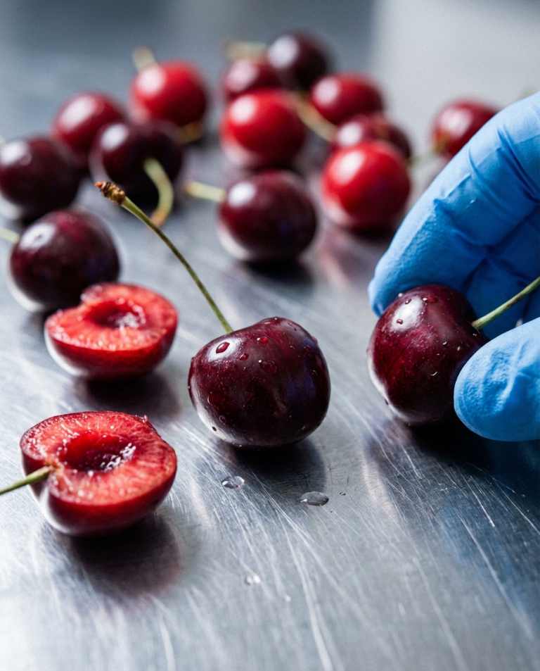 Cherries being examined in a laboratory setting