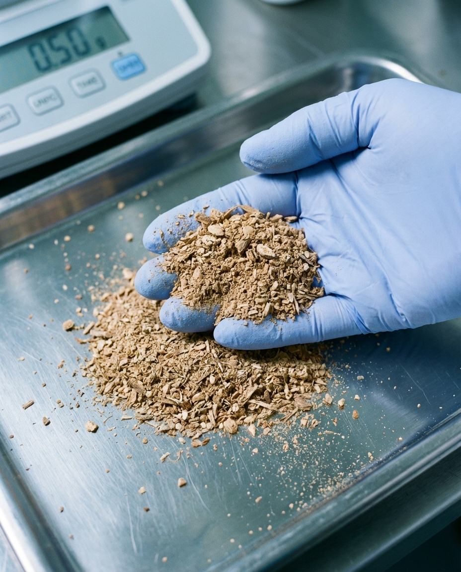 Supplement powder being weighed on a precision scale